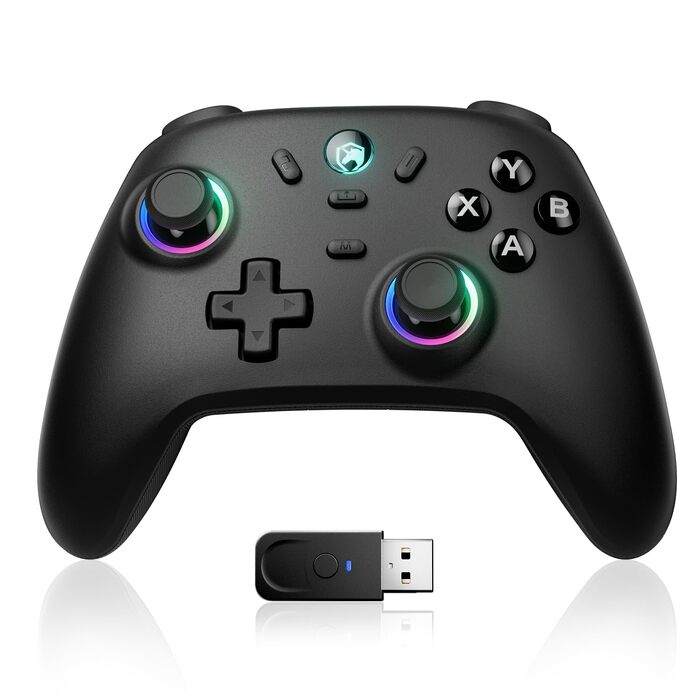 Ігровий бездротовий контролер ECHTPower для PC, Switch, Steam Deck, Android, iOS — RGB-підсвітка, Hall-джойстики, Turbo, вібрація, акумулятор 800mAh, чорний