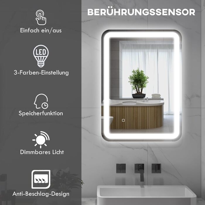 Дзеркало для ванної кімнати HOMCOM з підсвічуванням 50 x 70 см, LED, 3 кольори світла, сенсорне управління, функція пам'яті, антизапар, срібло