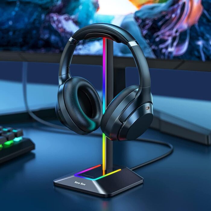 Підставка для ігрових навушників New Bee RGB з бездротовою зарядкою, 7 режимів підсвічування, USB, чорна