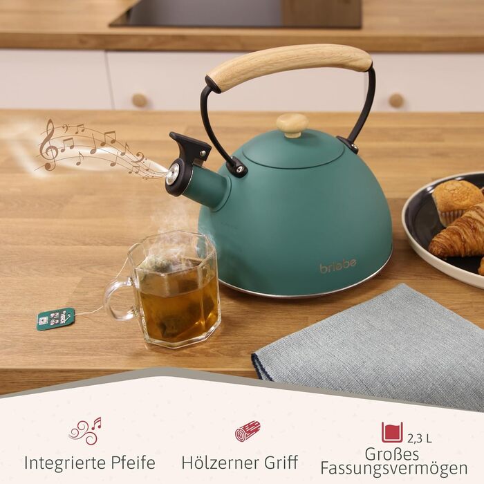 Тостер Briebe Nordic Set 2-слотовий з підставкою для булочок, 6 рівнів підсмажування + Електричний чайник індукційний 2.3л, нержавіюча сталь, без BPA, Набір для сніданку в скандинавському дизайні (Зелений)