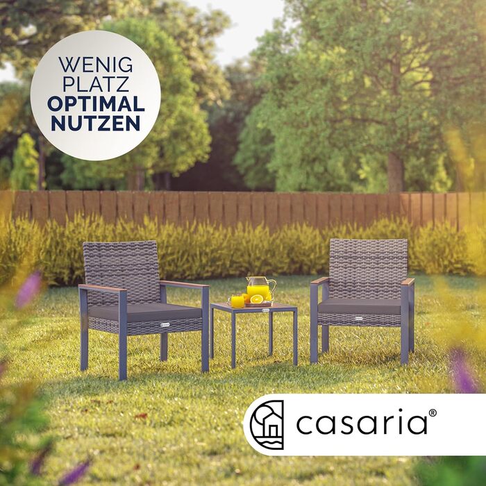 Набір садових меблів Casaria® з ротангу та акації для балкона та тераси: 2 крісла, стіл, подушки, стійкий до погодних умов, сірий колір