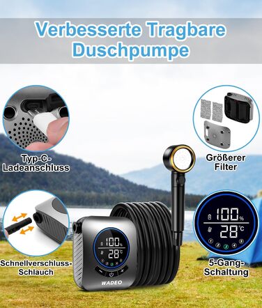 Портативна душова кабіна WADEO з насосом, 8000mAh, LED-дисплей, для кемпінгу та подорожей