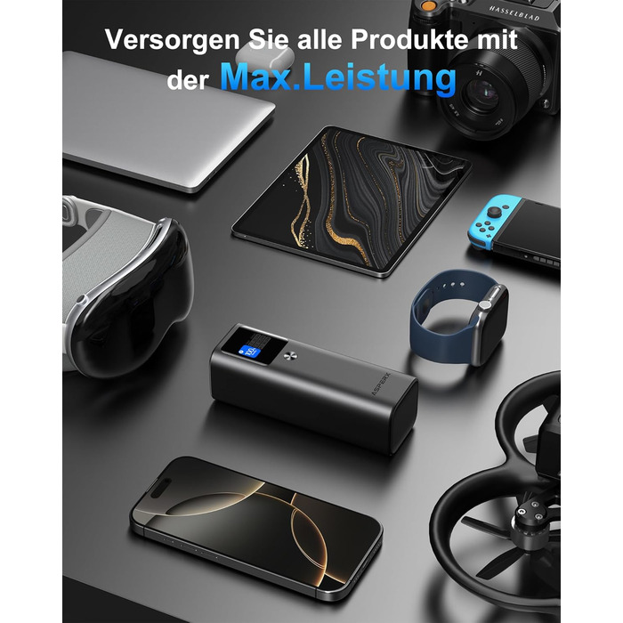 Power Bank AsperX 20000mAh, 165W, 2x USB-C 100W, Алюмінієвий Корпус, Вбудований Кабель 60см, TFT-Дисплей, для iPhone, MacBook, Samsung