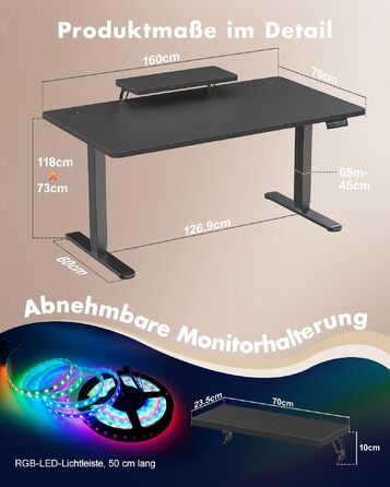 Регульований по висоті письмовий стіл Airfish 160 x 70 см з підставкою для монітора, чорний