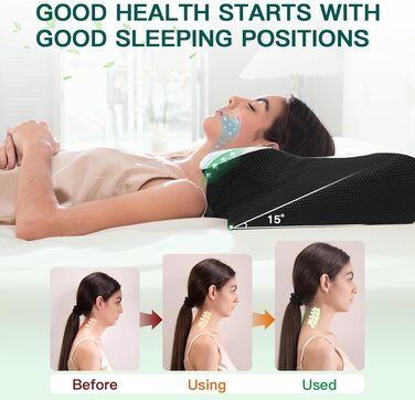 Подушка для шиї з піни Memory Foam 2-в-1, ергономічна, 60x40x12/14 см, чорна. Для спини, боку та живота.