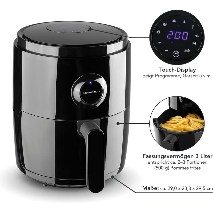 GOURMETmaxx цифрова аерофритюрниця 3 л, 1400 Вт, 6 програм, таймер 60 хв, автоматичне вимкнення, гриль, чорна