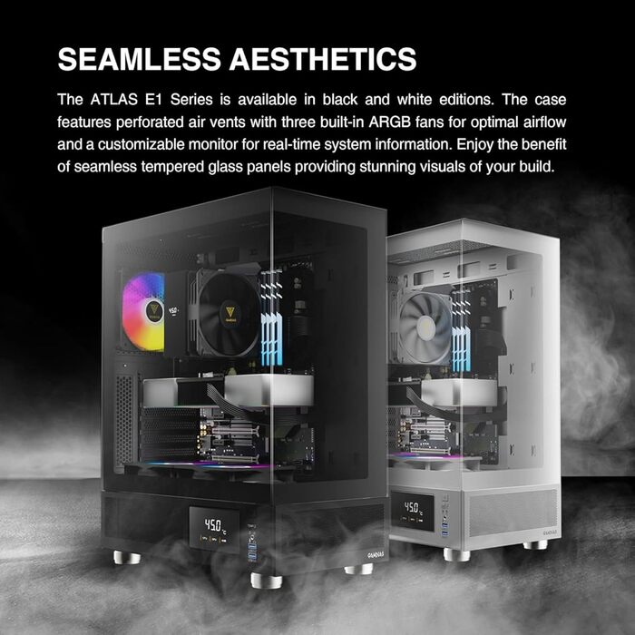 Корпус для ПК GAMDIAS Atlas E1 ATX Mid Tower з реальним монітором, 3 встановленими 120 мм ARGB вентиляторами, загартованим склом, високою вентиляцією, бічними отворами, чорний