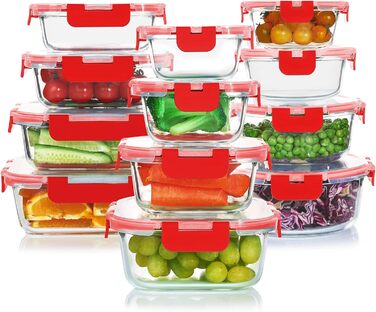 Набір скляних контейнерів Komuee 24 шт. для зберігання продуктів, з кришками, BPA-free, для мікрохвильовки та посудомийної машини (12 контейнерів та 12 кришок), червоний