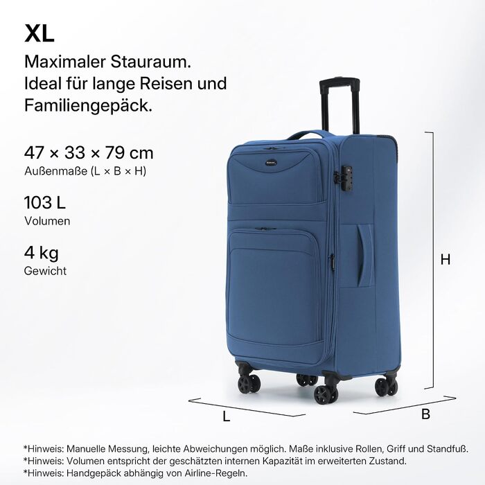 Валіза тканинна Münicase XL (79 см) розширювана, темно-синя: з передніми кишенями, TSA-замком та подвійними колесами 360°