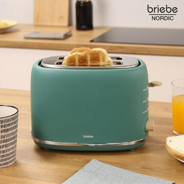 Тостер Briebe Nordic Set 2-слотовий з підставкою для булочок, 6 режимів + Електричний чайник 1.7л 2200W, BPA-free, Набір для сніданку в скандинавському дизайні (Зелений)