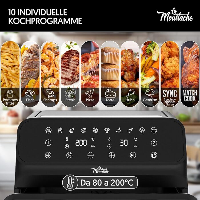 La Moustache Фритюрниця без олії 6,5 л, 1700 Вт, 8 програм, цифрове керування, антипригарна, таймер, з електронною книгою рецептів