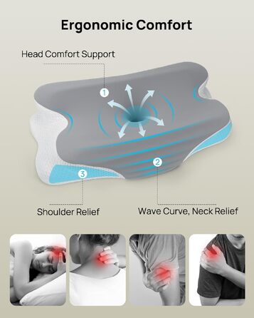 Подушка для шиї Feagar з Memory Foam, ергономічна, 2 висоти (8/12 см), сіра. Підтримка шиї та плечей