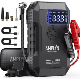 Пусковий пристрій для авто (бустер) з компресором 160 PSI, 5000A, 12V, портативний бустер для бензинових та дизельних двигунів (до 10л), швидка зарядка Type-C, ліхтарик