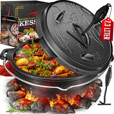 Чавунний казан KESSER Dutch Oven 7,3 л з підставкою з нержавіючої сталі та піднімачем кришки, універсальний котел для гриля, BBQ та приготування страв на відкритому повітрі та вдома