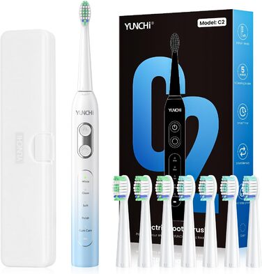 Електрична зубна щітка YUNCHI - звукова, для дорослих та дітей, 40000 VPM, USB-C, 5 режимів, 8 насадок + чохол, блакитна