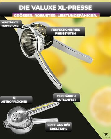 Преміум ручний віджим для цитрусових VALUXE® — Соковижималка для лимонів, лаймів та апельсинів, нержавіюча сталь, Large Deluxe, підходить для посудомийки
