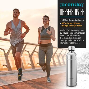 Сифон для газування води Arendo Soda Maker: набір з пляшкою 1000 мл (BPA-free) та сталевою пляшкою 1000 мл, сумісність з 60 л CO2 циліндрами, чорний
