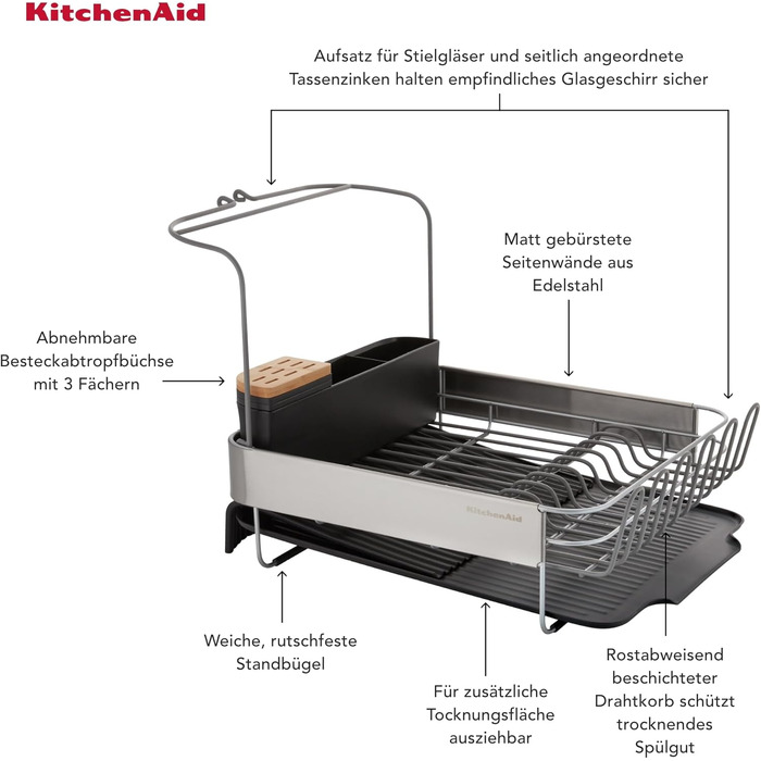 Компактна підставка для сушіння посуду KitchenAid, колір вугільний (сірий), 61.5 x 38.5 x 37.5 см