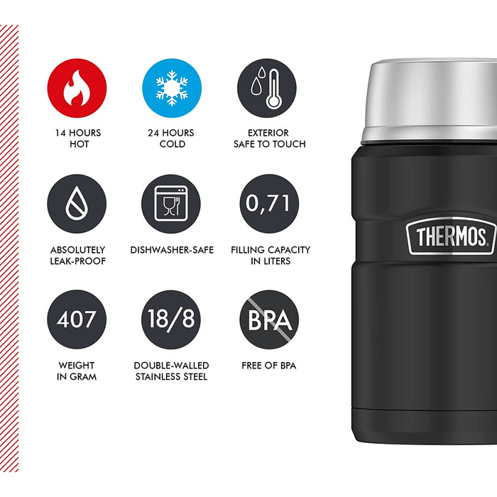 Термос для їжі Thermos STAINLESS KING 710 мл чорний матовий, харчовий контейнер з нержавіючої сталі, збереження тепла до 14 годин, холоду до 24 годин, герметичний, для супу, каші, страв, великий об’єм, без ложки, можна мити в посудомийній машині