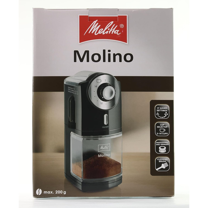 Електрична кавомолка Melitta Molino 1019-02, дисковий млин, чорна
