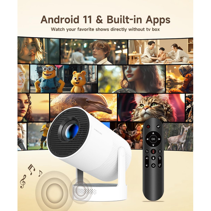 Міні проєктор Beamer 4K Android 11 Smart з автофокусом, WiFi 6, BT 5.0, Full HD 1080P, 260 ANSI, корекція трапецеїдальних спотворень, 5W динамік