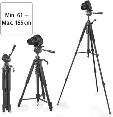 Hama штатив для камери Action 165 3D, легкий фотоштатив 61-165 см, трипод з 3D-головкою, тримачем для смартфона, для дзеркальних камер Canon/Nikon/Sony, чорний