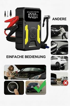 Пусковий пристрій (бустер) для авто 3000A з компресором 150 PSI, портативний Powerbank для PKW, SUV, дизель до 8L, з LED-ліхтарем та PD