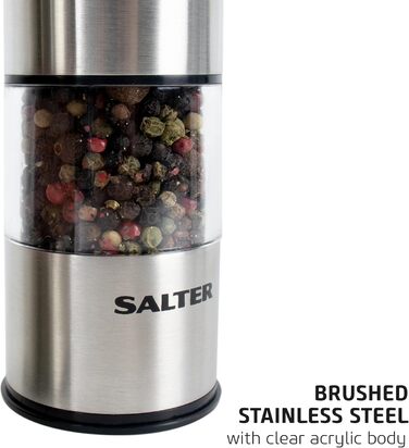 Електричні млини для солі та перцю Salter 7722, нержавіюча сталь, BPA-free, регульований помел, LED-підсвітка, просте наповнення, 60 г солі/30 г перцю