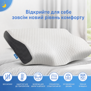 Ортопедична подушка Derila Queen Size з піни Memory Foam для бокового, спинного та переднього сну