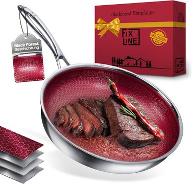 Сковорода FIXLINE Black Forest Red Edition 28 см, антипригарне покриття без ПФОА, для всіх плит і індукції, духовка до 250°C, легке очищення, подарункова упаковка