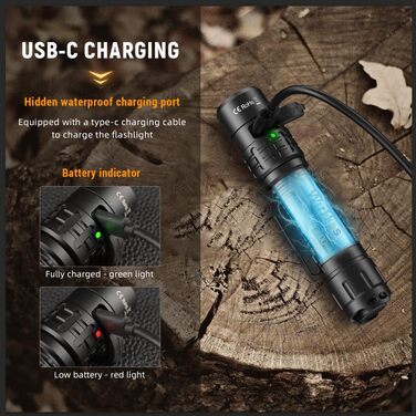 Ліхтарик Wurkkos TD02 LED тактичний, надяскравий 2000 люмен, USB-C зарядка, IP68 водонепроникний, 6 режимів, компактний, для вулиці та дому, чорний