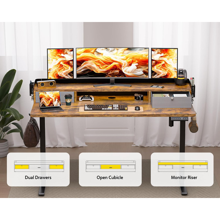 Електричний стіл WALKINGDESK з регулюванням висоти, 2 шухляди, 121,9x61 см, ергономічний робочий стіл для дому, з полицею, тримачем для ручок, гачком, рустикальний коричневий