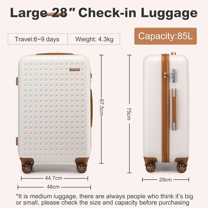 Валіза KONO з ABS пластику, 75 x 48 x 29 см, білий, з TSA замком