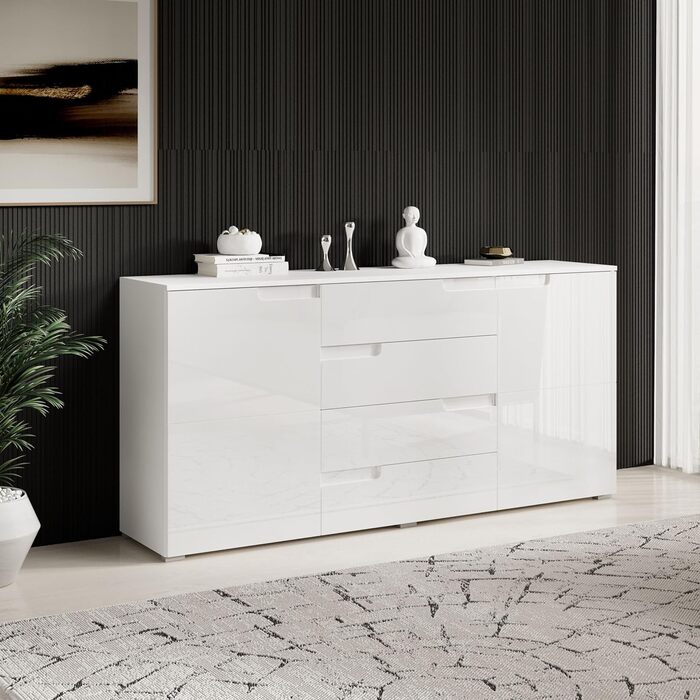 Комод Stella Trading SPICE у білому глянці, сучасний, 165x80x40 см, з великим місцем для зберігання для вітальні