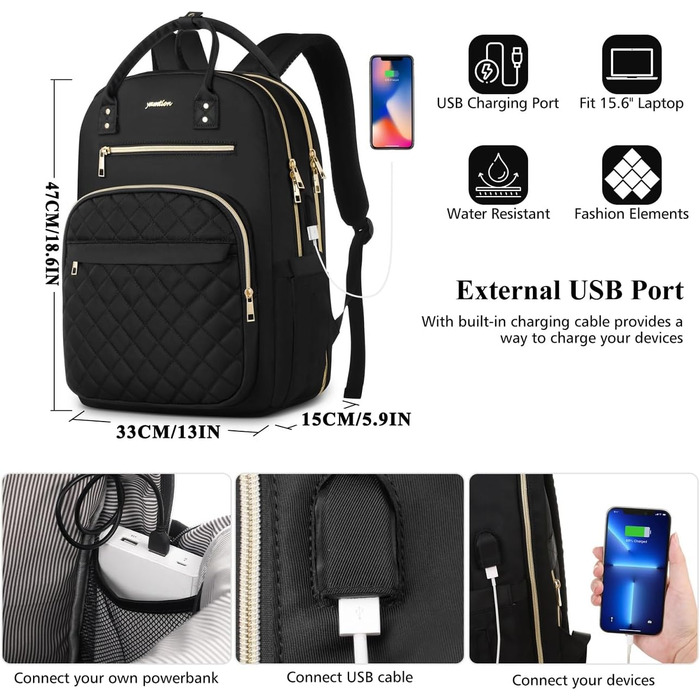 Жіночий рюкзак YAMTION 17.3'' чорний з USB, для ноутбука, для школи, університету, офісу, міста, для підлітків та дівчат