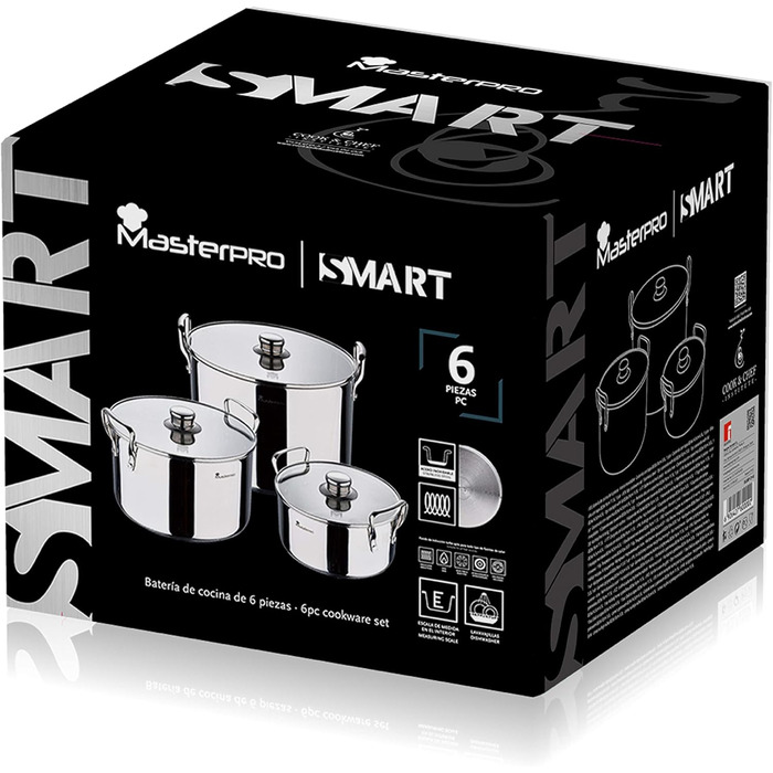Набір посуду MasterPro Smart 6 предметів: 3 сковороди (20/24/28 см) з нержавіючої сталі, 3 дерев'яні аксесуари, ергономічні ручки, для плити й духовки, можна мити в посудомийці