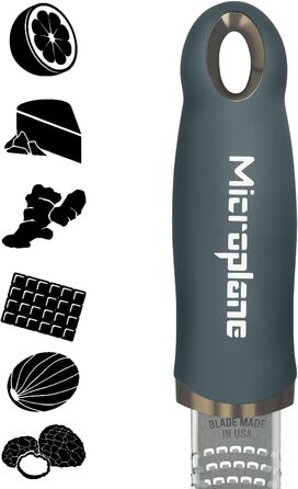 Терка Microplane для цитрусових, пармезану, імбиру, шоколаду та мускатного горіха, з дрібною лезом з нержавіючої сталі, антрацитово-сіра, 325×35×30 мм, вироблено в США