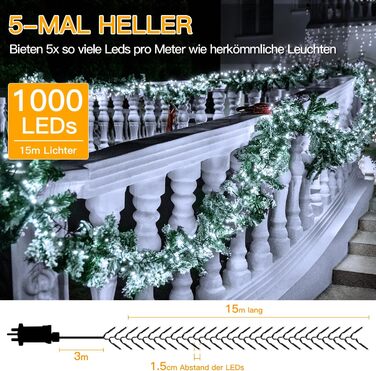 Світлодіодна гірлянда Ollny 15м, 1000 LED Cluster, водонепроникна IP44, 8 режимів та таймер, холодне біле світло для вулиці, ялинки та декору