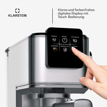 Кавоварка Klarstein SteelPresso Touch Slim з холдером, 20 бар, 1350 Вт, 1,2 л, нержавійка, компактна, цифрове управління, легке очищення, парова насадка