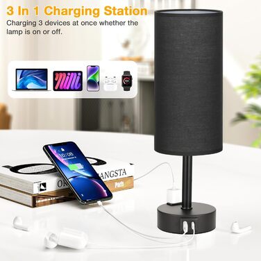 Сенсорна нічна лампа Kakanuo з димером, USB-C/USB-A зарядкою, компактна настільна лампа з лляним абажуром і дерев'яною основою для спальні, вітальні, офісу, з LED-лампою