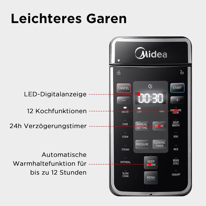 Мультиварка електрична Midea 9-в-1, 8 л, 12 програм, антипригарний, йогуртниця, рисоварка, пароварка, повільне приготування, нерж. сталь, чорна