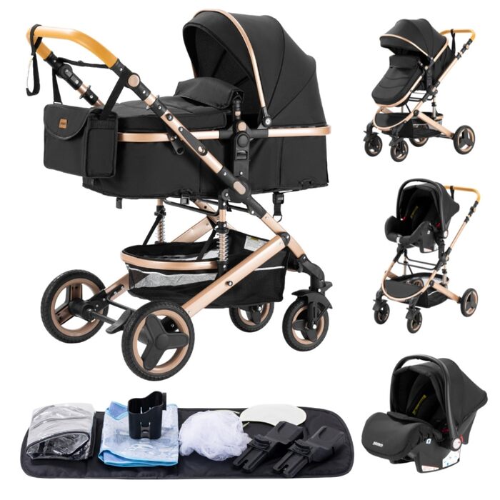 Дитяча коляска YAZOCO 3 в 1: Buggy, Babybett, Комплект. Компактна, складна, з алюмінієвим каркасом для новонароджених (2 шт. чорного кольору)