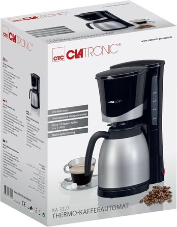 Кавоварка Clatronic KA 3327 з термочашею, 1 л, на 8-10 чашок, фільтр-кава, чорна/срібляста, автоматичне вимкнення, знімний фільтр, індикація рівня води
