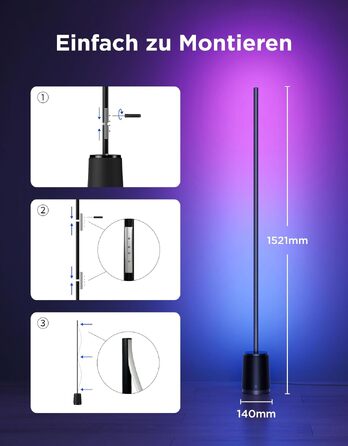 Розумна торшерна лампа Govee Stehlampe 3 Lite RGBICWW, 1400 лм, регульована яскравість, висота 152 см, чорна, для вітальні
