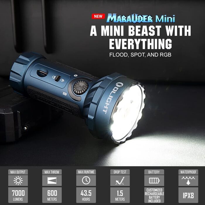 Ліхтар OLIGHT Marauder Mini LED, 7000 люмен, 600 м, акумуляторний, з прожектором і розсіяним світлом, 3 типи кольорових LED, сенсор відстані, для вулиці, колір темно-синій (Midnight Blue)