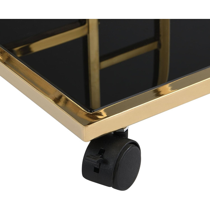 Барний візок FineBuy Gold металевий з скляними полицями на колесах 67,5x83,5x43 см, сучасний сервірувальний візок для кухні, вітальні, домашнього бару, багатофункціональний