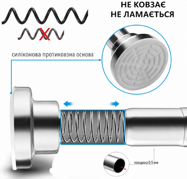 Телескопічний карниз для штор 120-215 см, нержавіюча сталь, без свердління, рельєфний, для ванної, шафи, дверей, сріблястий