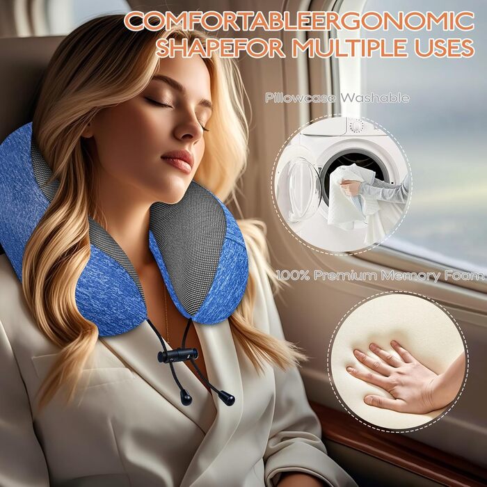Подушка під шию для подорожей з ефектом пам'яті (Memory Foam) з 3D-маскою для сну та берушами, синя — ідеальна для літака, авто та офісу
