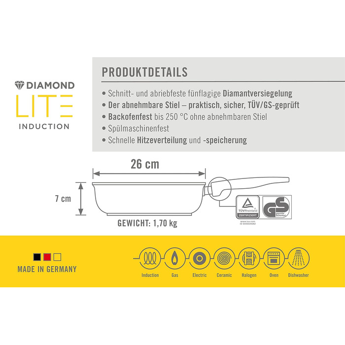 Сковорода Woll Diamond Lite 26 см, алюмінієва, антипригарна, знімна ручка, для індукції та всіх плит, духовка, антрацит