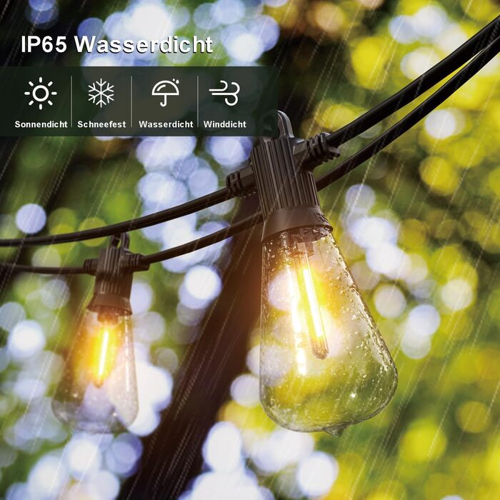Гірлянда світлова LED Kawaya для вулиці 30м, 52 лампочки ST38, IP65, теплий білий 2700K, для саду, тераси, весілля, вечірки